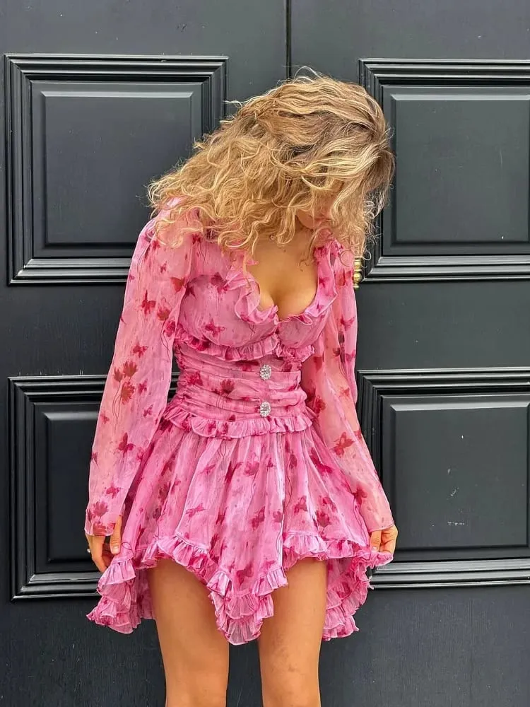 Women Elegant Floral A-line Pleated Dress Sexy Long-sleeved Waist Cinching Ruffle Mini Dresses 2026 Lady Vacation Street Gowns