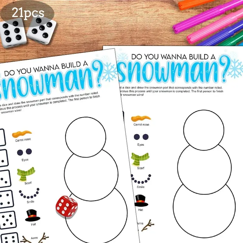 21pcs Christmas Roll a Snowman Game Cards Dice Rolling Game Set Snowman Drawing Game Family Party and Holiday Party Game