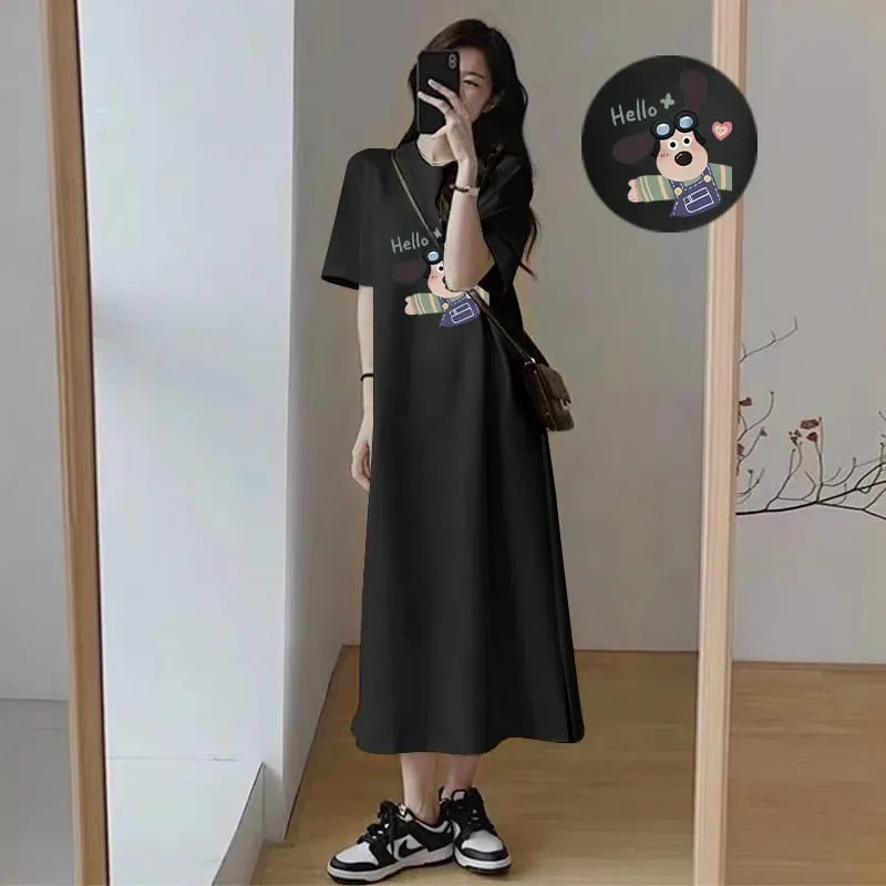 Cute Cartoon Dog Print T-Shirt Dress Women Loose Short Sleeve Split Casual Midi Dress