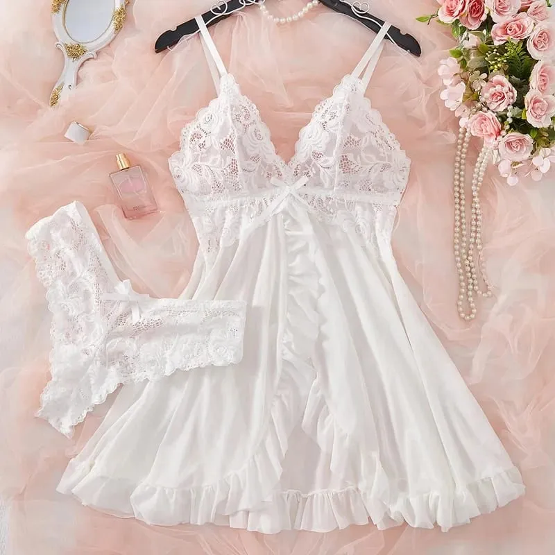 Women Lace Lingerie Set Solid Soft Slim Bra Nightdress Sexy Sleepwear For Women