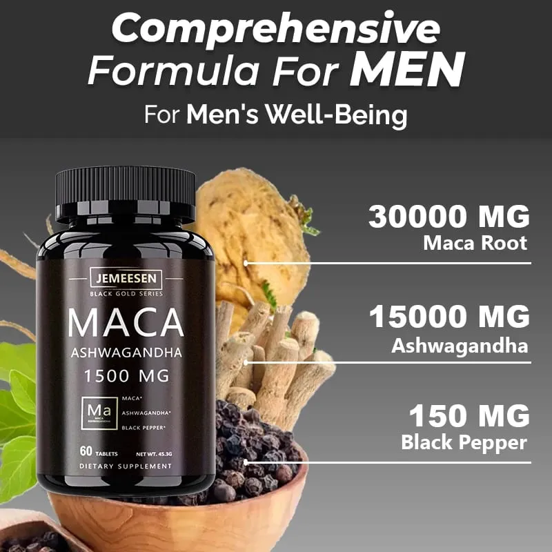 Organic Maca gyökérpor kapszula 1500 mg Maca gyökér kivonatot tartalmazó ashwagandha feketebors-kiegészítő férfiaknak