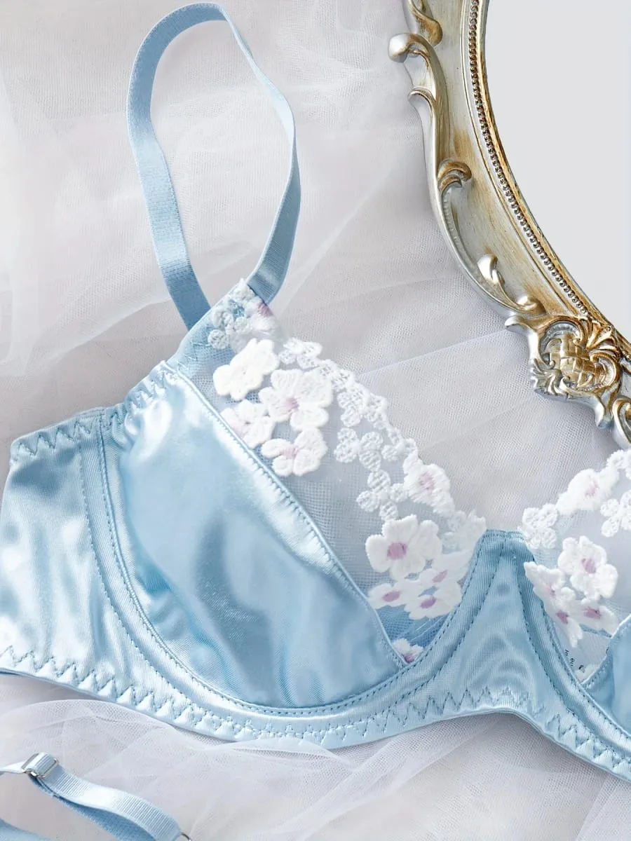 2 Piece Blue Satin Sexy Lingerie Set Women French Coquette Floral Embroidery Sheer Mesh Underwire No Padding Push Up Bra Thong