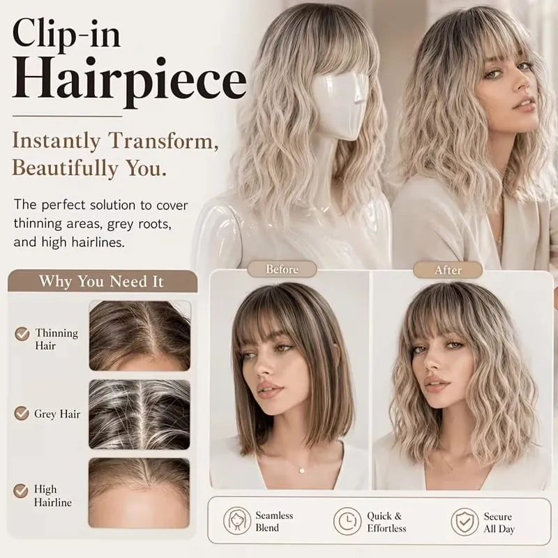 14Inch Synthetic Short Bobo Wavy Curly Topper Hair Extension Scalp-Covering Clip-In for Thinning Hair Women Daily Use