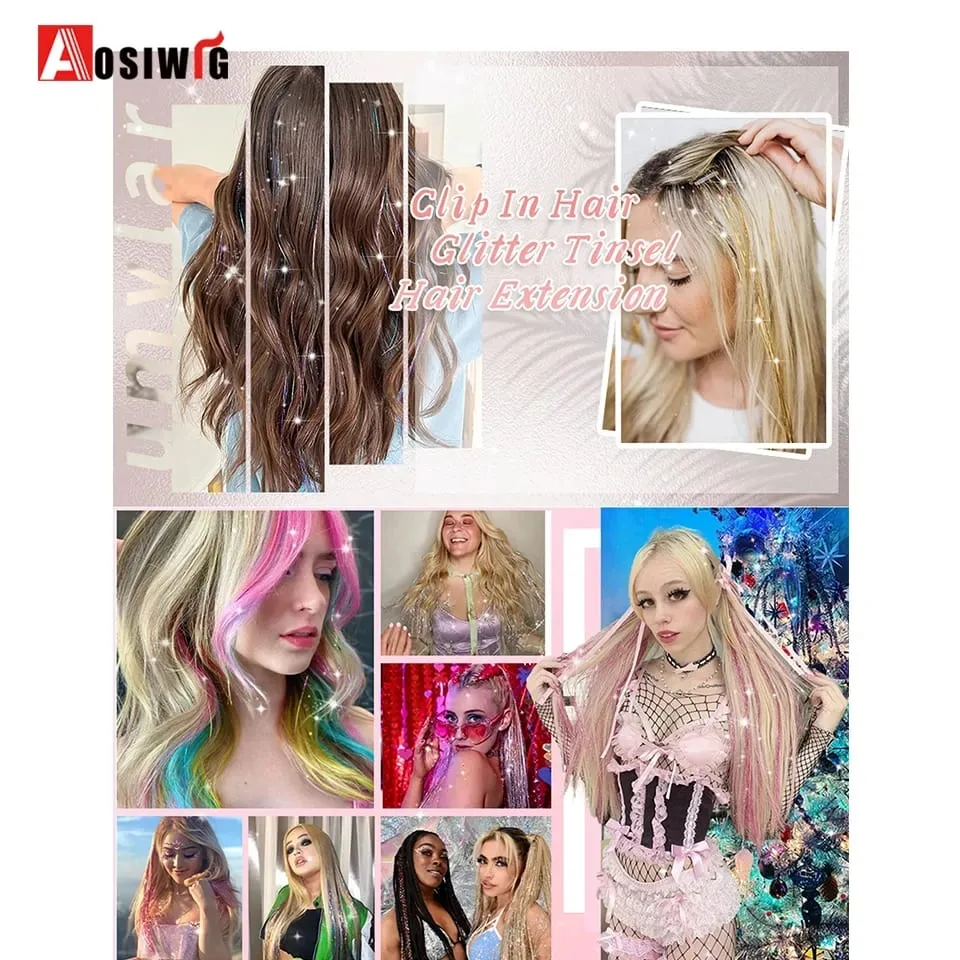12Pcs/Pack Sparkle Blonde Hair Extensions Clip In Rainbow Shiny Sparkle Hair Tinsel Heat Resistant Sparkle Hair Extensions For W