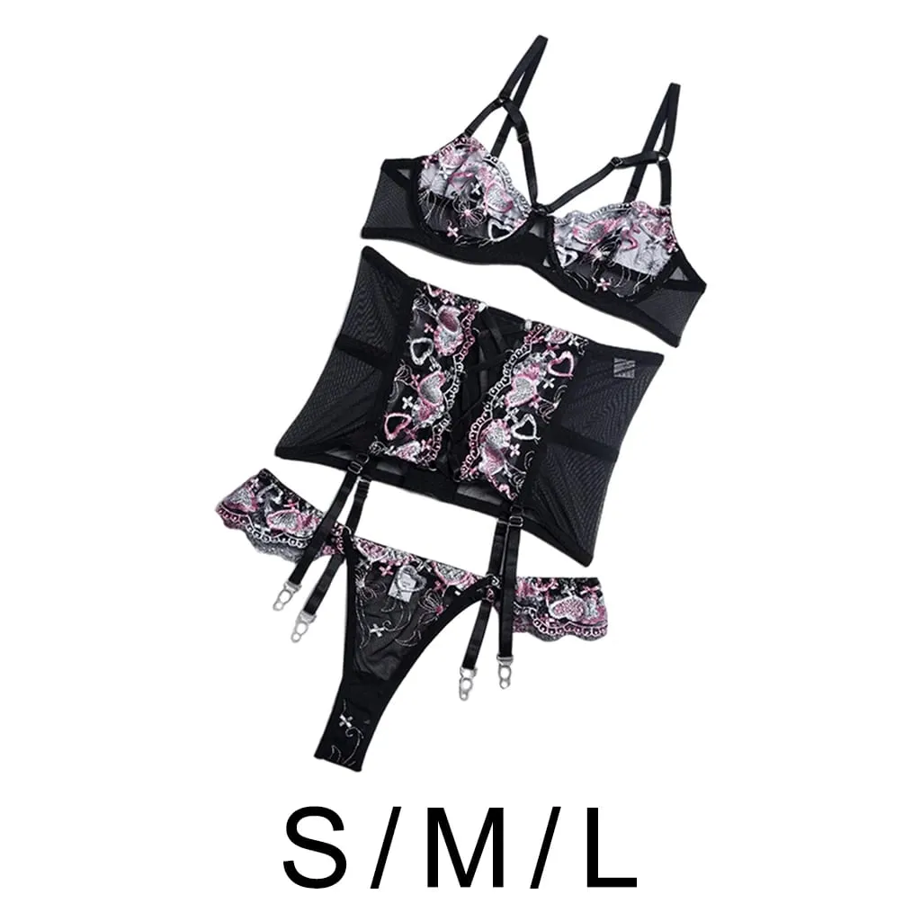 Adults Lingerie Set for Women Bra and Panty Set with Briefs 3 Piece Lace Bodysuit Underwear Adjustable Strap Breast Lace Bra
