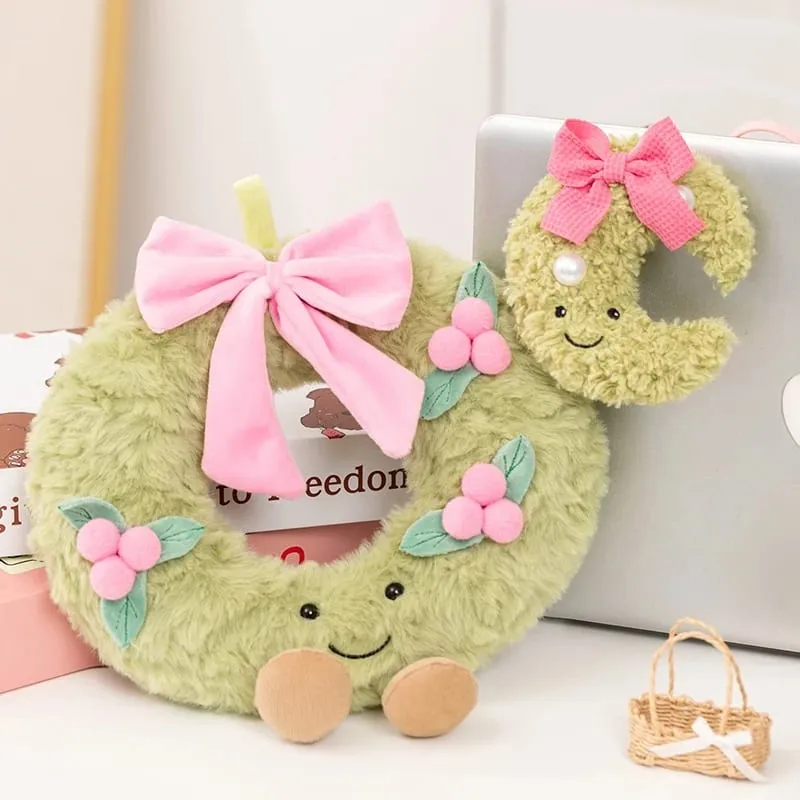 Sweet Green Wreath Plush Toy Stuffed Smiling Humanoid Pink Bow Tie Plushie Kawaii Home Decor Christmas Gift