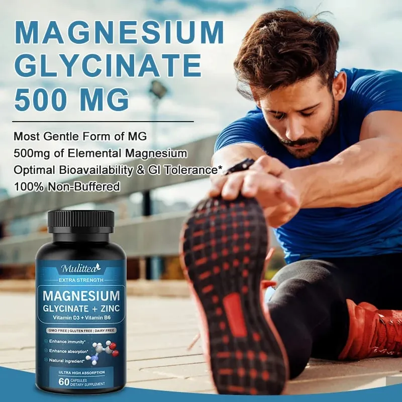 Mulittea Glycine Magnesium capsule with Zinc Vitamin D3 B6 Health for Bones and Teeth Health Helps Natural Sleep Relieve Anxiety