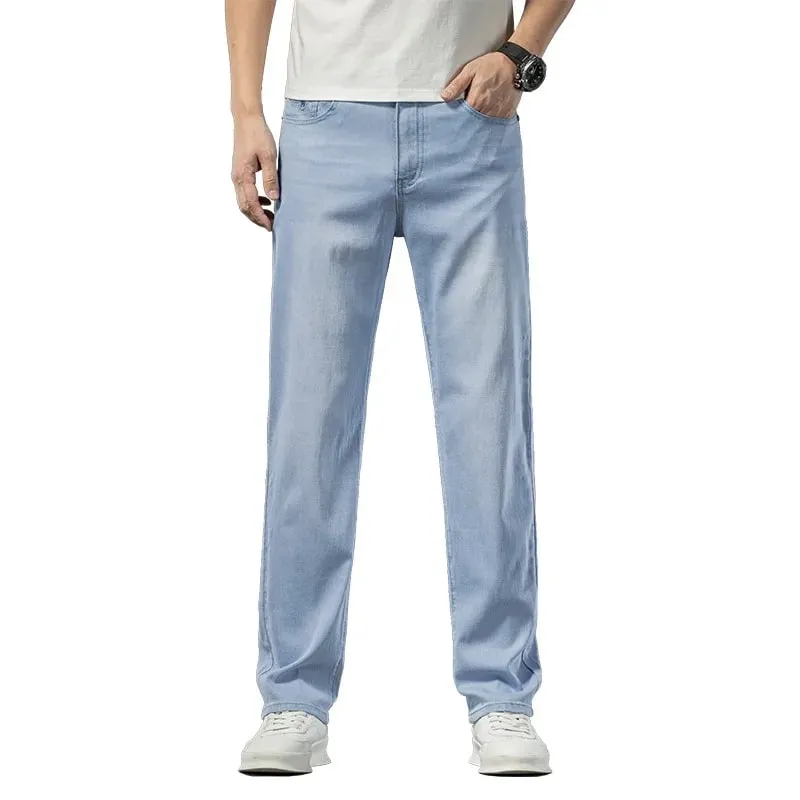 2026 Spring Summer New Men's Thin Light Blue Jeans Business Casual Stretch Pants Denim Trousers Male Brand Clothing
