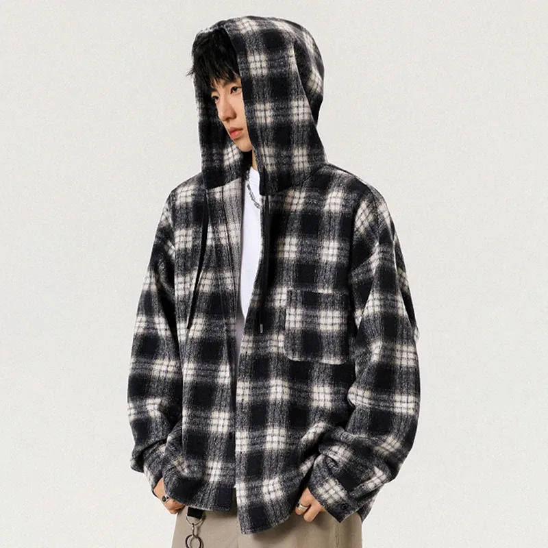Y2K-Chaqueta holgadas de cuadros con capucha para hombre, cárdigan de talla grande a la moda, ropa de abrigo Vintage coreana, sudaderas con capucha de una botonadura