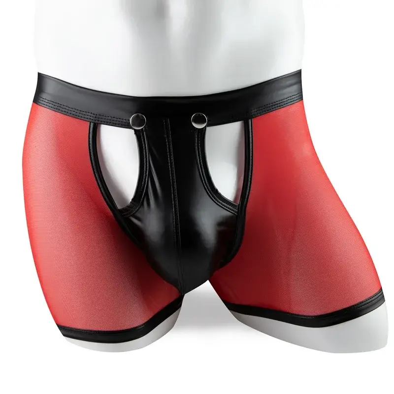Herren Boxershorts Transparent Mesh Unterwäsche Mann Höschen Kunstleder Abnehmbare Schnalle Beutel Unterhose Cueca Calzoncillo