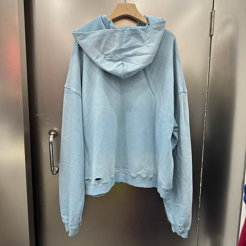 Light Blue PALY Letter Crystal Hoodie Ripped Washed Fashion Patch High Street Casual Men Women 1:1 Zipper Sweatshirts