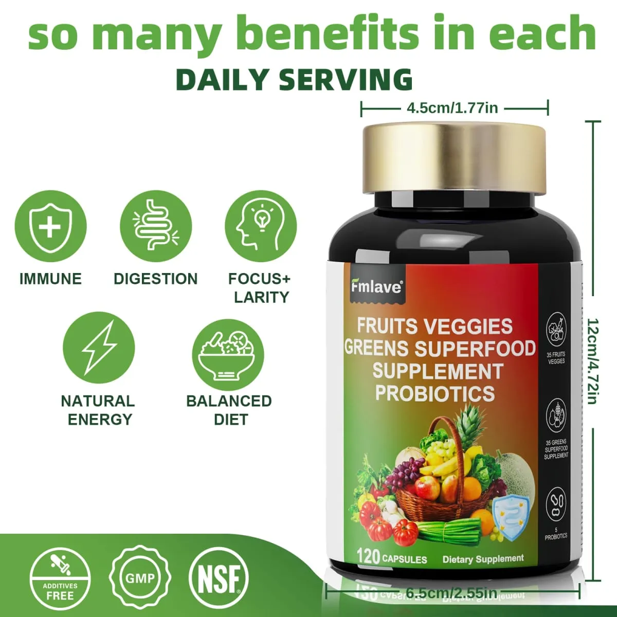 Fmlave Fruits and Veggies Supplement Reds & Green Superfood - Balance of Over 70 Fruit & Vegetable Supplements Capsules with Probiotics Prebiotics Digestive --120Caplules — image 3