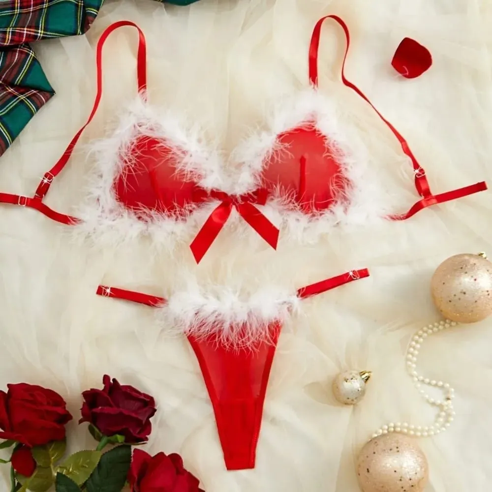 New Year Furry Women's Underwear Wireless Bow Decor Lingerie Set Romantic Intimate Mesh Transparent Bra Panties Suit Home
