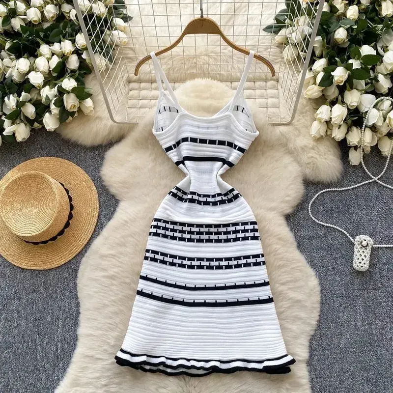 YuooMuoo Chic Fashion A-line Short Women Dress Ins Hot Y2K Geometric Knitted Summer Dress Streetwear Korean Lady Party Vestidos