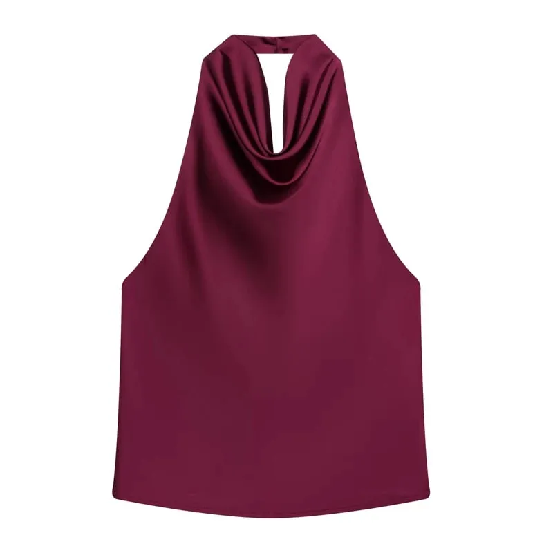 Women's Tanks Halter Top Women Sleeveless Green Crop Tops Summer Satin Party Evening Top Backless Sexy White Black Top