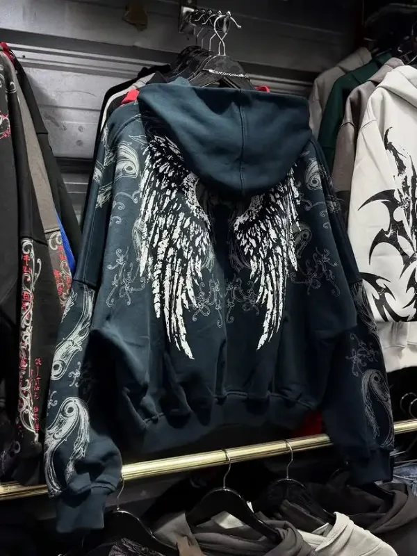 Mens Zip Up Hoodie Dark Blue Wings Print Unique Graphic Y2K Streetwear American Urban Pullover Youth Clothing Hooded Sweatshirt