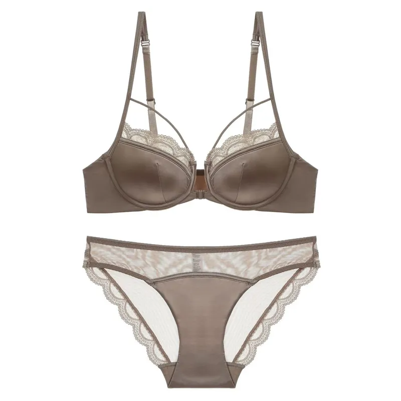 Smooth Thin Cup Front Closure Bra Briefs Set Underwear with Lace Trim Push-up Backless Bra Women Brassiere Sexy Female Lingerie
