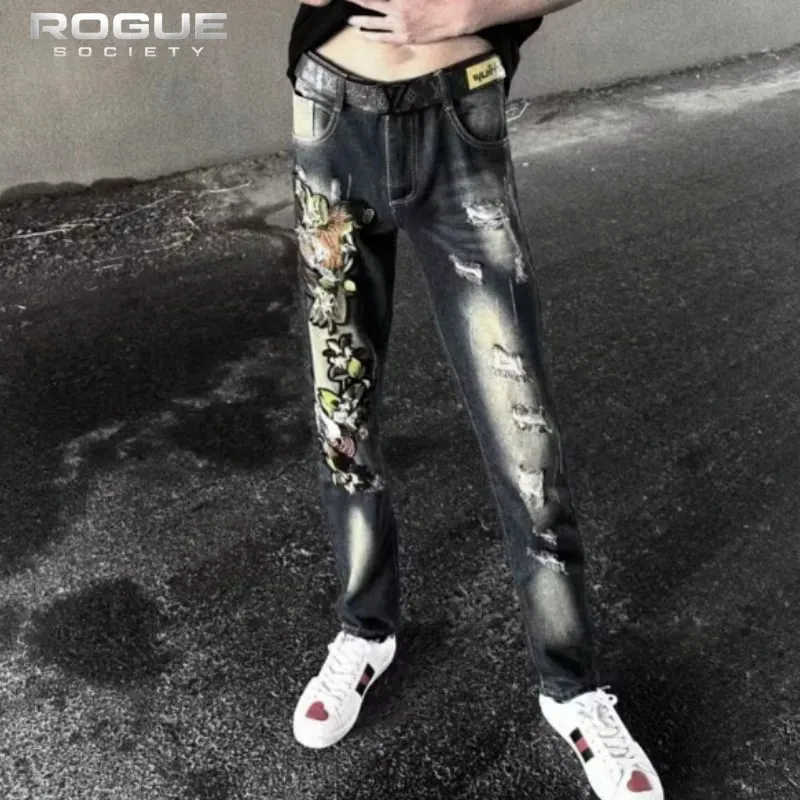 Y2K American High Street Embroidered Tiger Jeans Unisex Distressed Vintage Denim Trousers Streetwear Luxury Casual Harajuku New