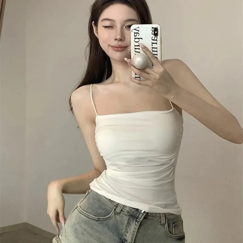 Sexy Short Top With Thin Straps Plain White Tank Top Korean Style Women's Sleeveless Top Tank Underwear Fitted Camisole