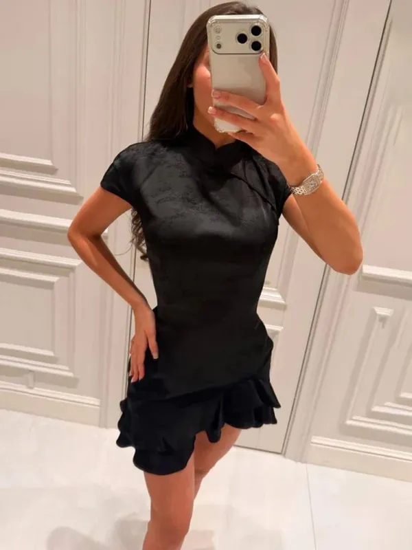 Solid Polka Dot Women's Mini Dress Deep V Neck Puff Sleeve Pleated Front Button A-line Short Dresses Elegant Party Lady Gown