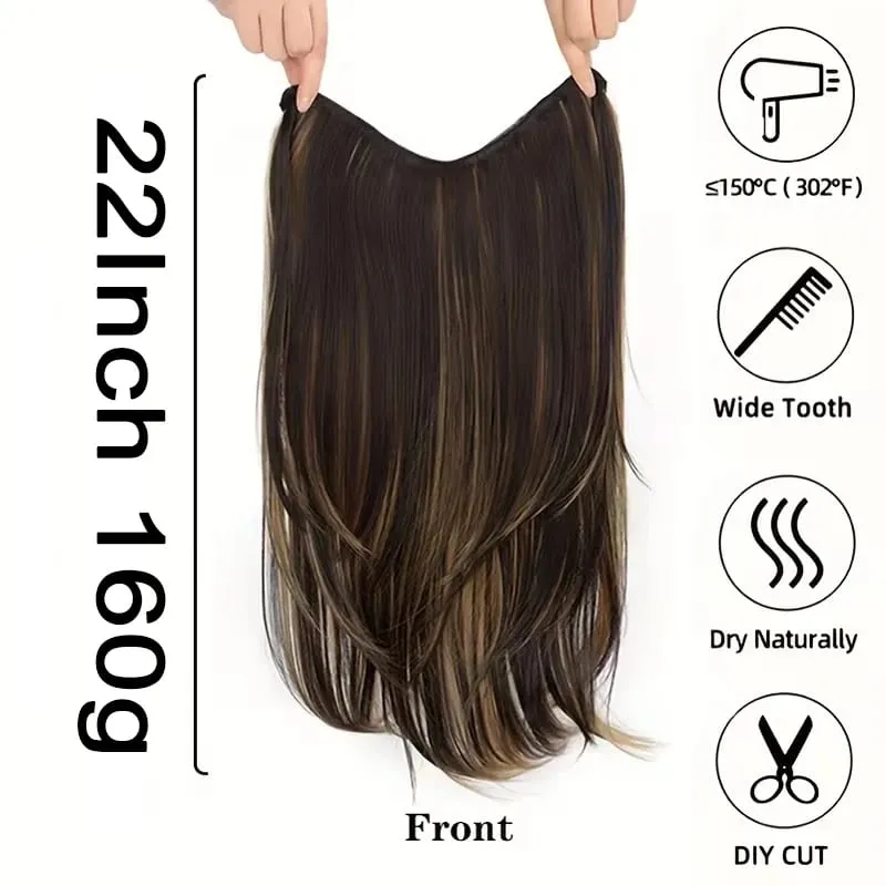 22Inch Synthetic Long Straight V-Shaped Layered Clip-In Hair Extensions for Women Invisible Seamless Hairpiece for Women