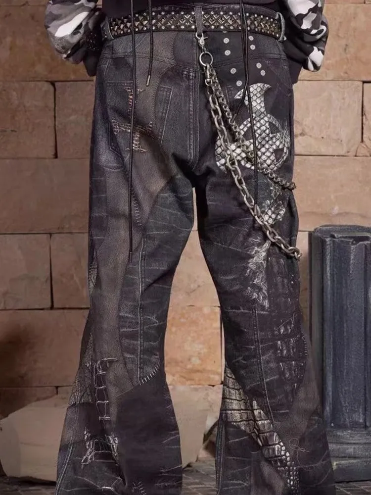 Men's Gothic Crocodile Snake Print Wide Leg Jeans Vintage Washed Denim Pants Streetwear Fashion Loose Straight Fit Trousers