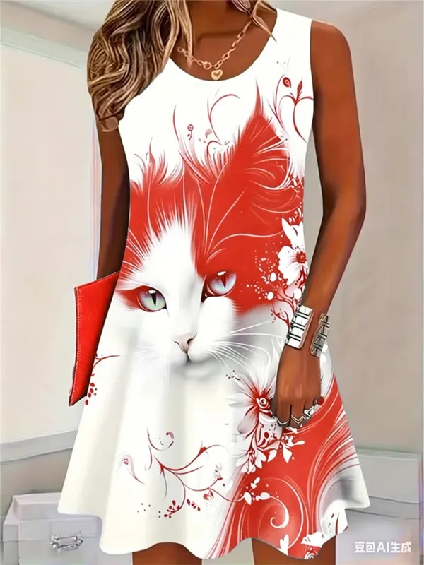 2026 New Fashion Cat Pattern Women Mini Dresses Summer Sleeveless 3D Printed Street Hip Hop Ladies Dress 3XL Plus Size Dress