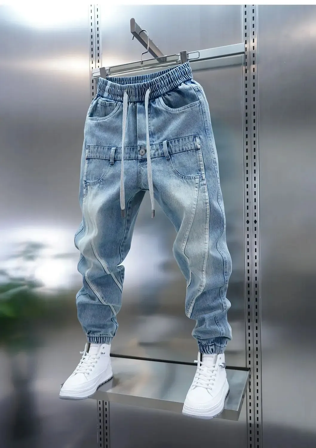 2026 Light Blue Gradient Harem Jeans Outdoor Casual Loose Fit Long Trousers Brand Men's Clothing