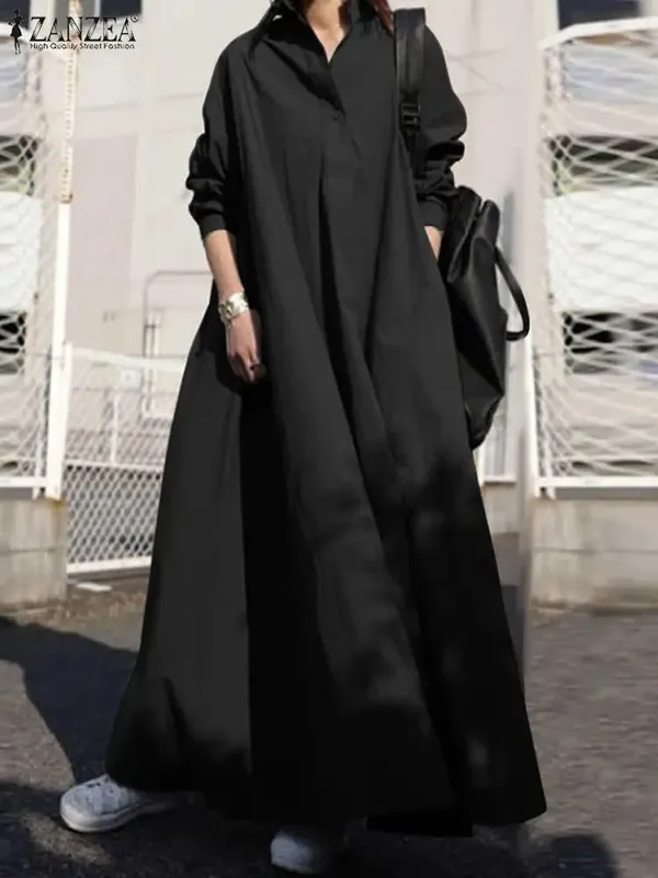 Robe chemise à manches longues pour femme, ample, surdimensionnée, Maxi, caftan, revers, couleur unie, demi-bouton, ligne a, automne