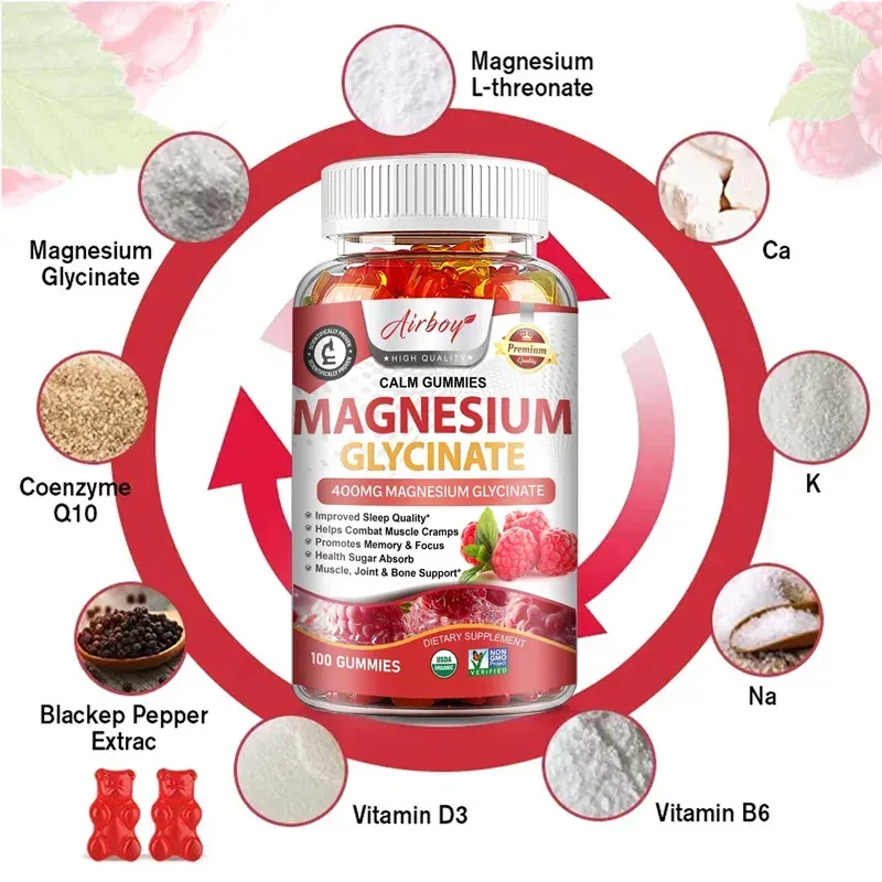 Magnesium Glycinate Gummies - Brain Health Strengthen Muscles and Bones Improve Sleep Relax Nerves