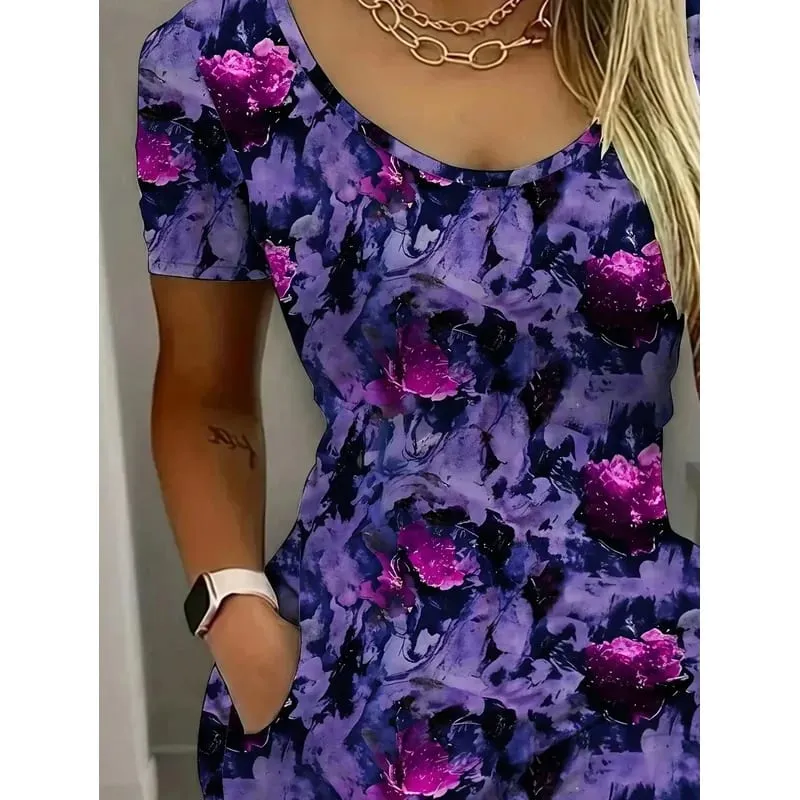 Women's Elegant Comfortable Printed Solid Color Pocket Short Sleeve round Neck Mini Skirt Long Dress Casual Fashion