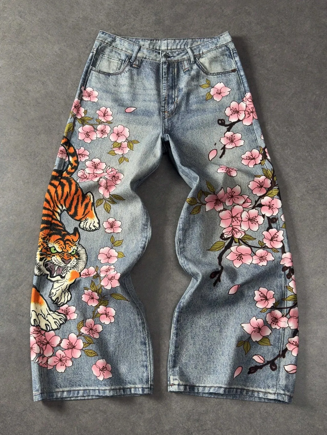 Y2K retro casual fashion high street pattern men's jeans floral tiger pattern loose high waist wide leg casual women's jeans