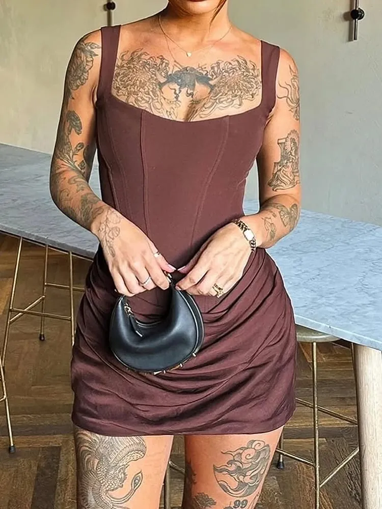 Nibber Peach Hip Dress Women Elegant Christmas Low Chest Sleeveless Ruched Patchwork Birthday Party Dating Chic Skinny Clubwear — image 6