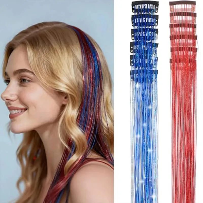 Red Hair Tinsel 12Pcs Clip in Hair Tinsel Kit 22Inch Tinsel Hair Extensions Christmas Hair Tinsel Party Festival Accessories