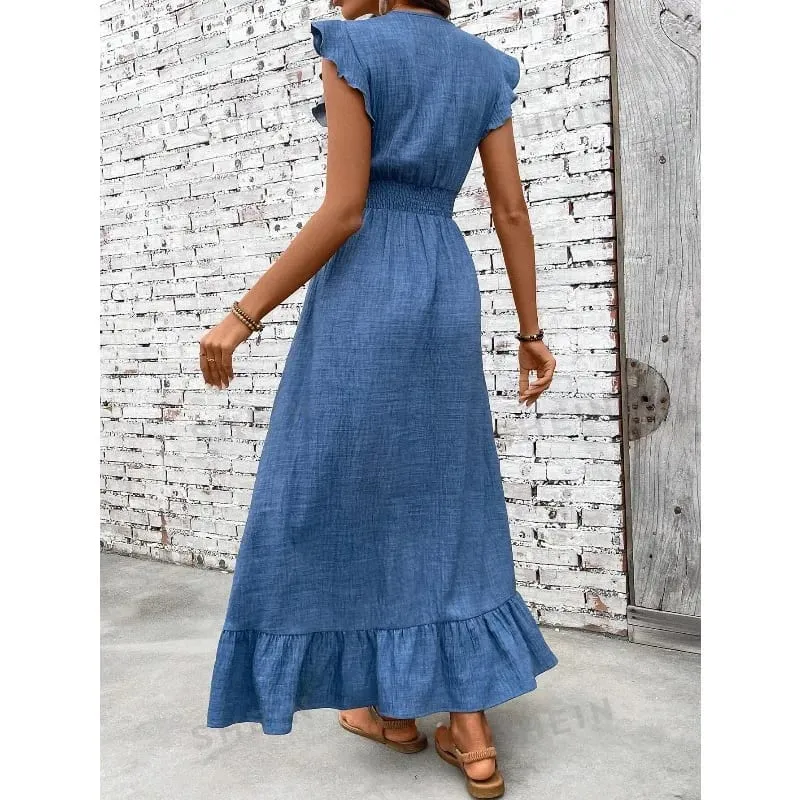 Women Maxi Dress 2026 New V Neck Denim Blue Long Dress Casual Loose Ruffle Hem Sundress for Summer Beach Vacation Daily Wear