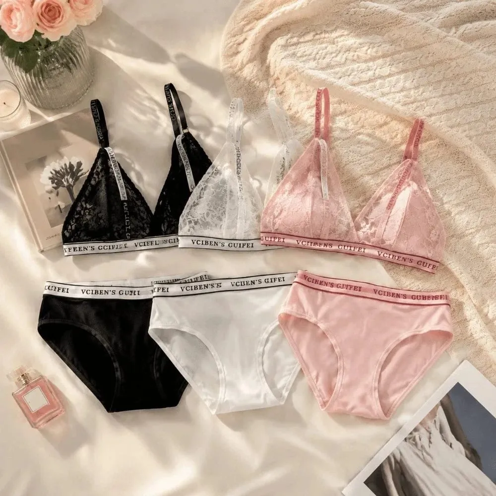 Comfortable Letter Design Lingerie Set Lace Deep V Women Underwear Suit Wireless Color Blocking Bra Panties Set Famle