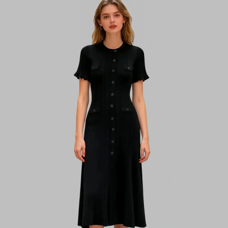 Elegant Knitted Dress round Neck Short Sleeve Hollow out Long Dress Ribbed Single Button Knitted Dress Fashionable Commute Style