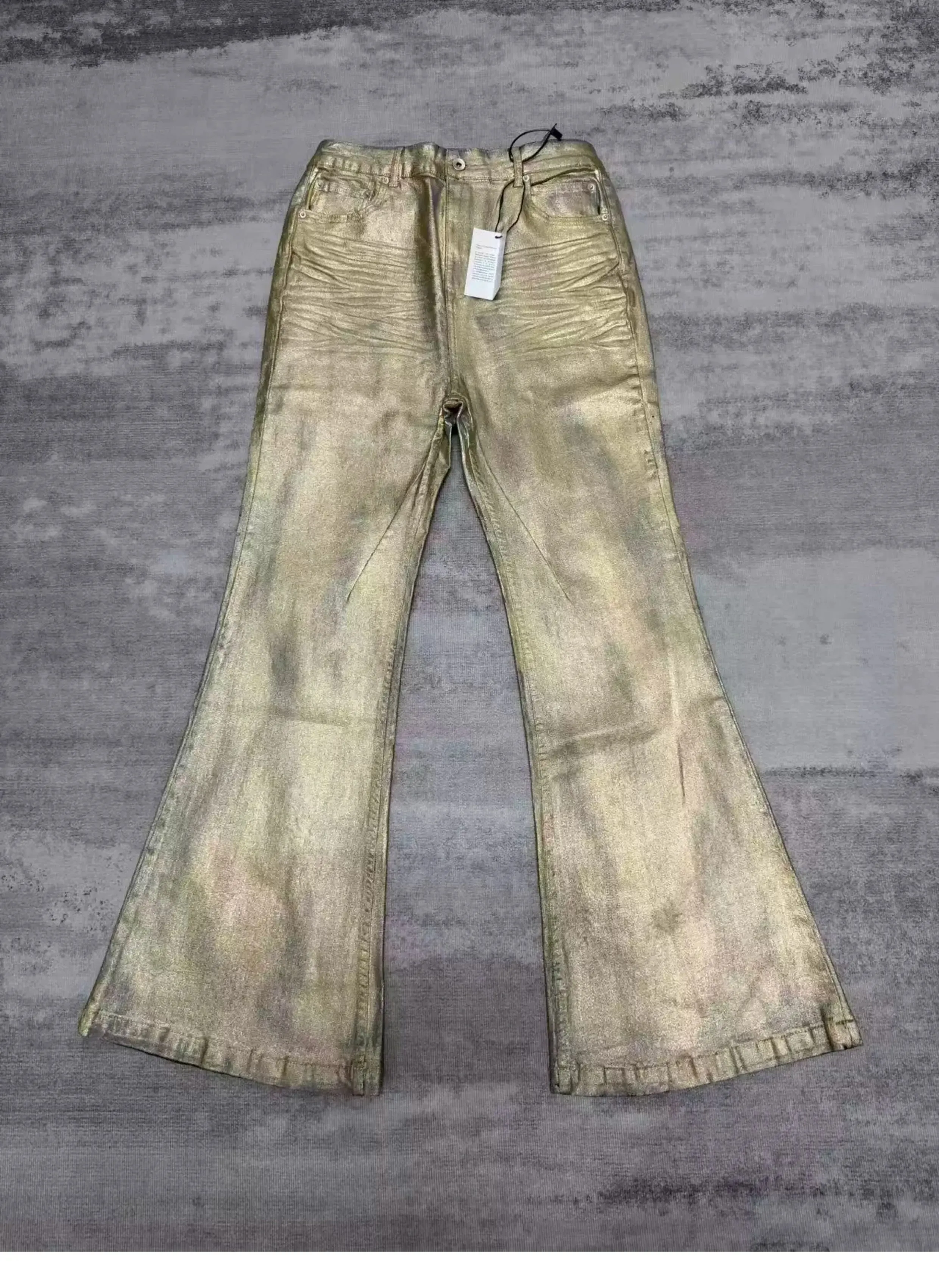 High Street RO Wind Pant Men Heavy Industry Coating Gold Brushed Three Dimensional Floor Pulling Horn Jeans Gold Plated Pants