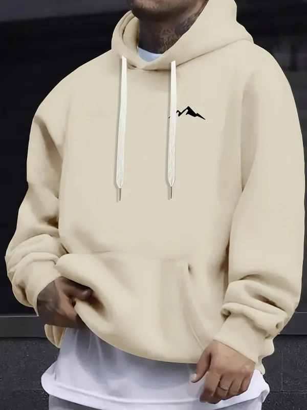 Men's autumn and winter casual fashion loose mountain print long sleeved hooded sweatshirt warm pullover