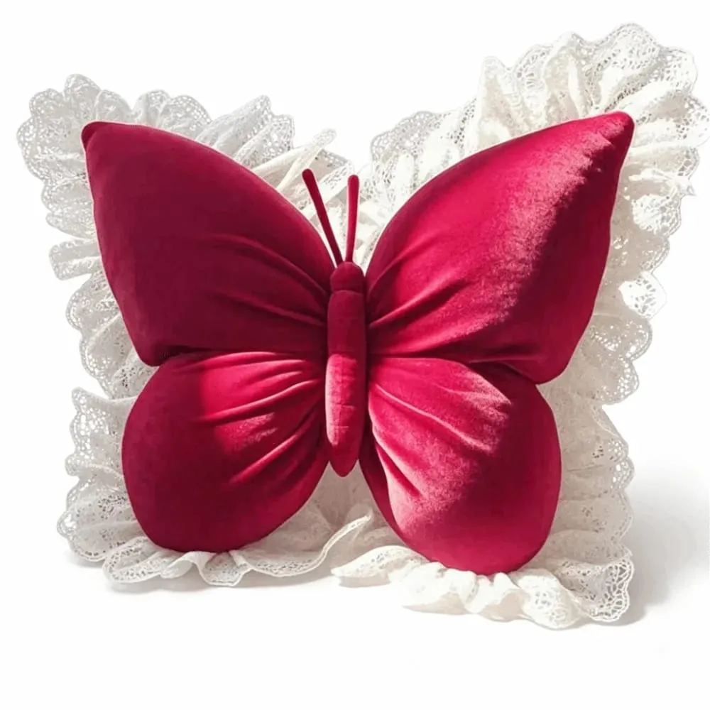 Home Decor Velvet Butterfly Plush Pillow Soft Lace Trim Bow Plush Cushion Plush Cute Bow Throw Pillow Bedroom