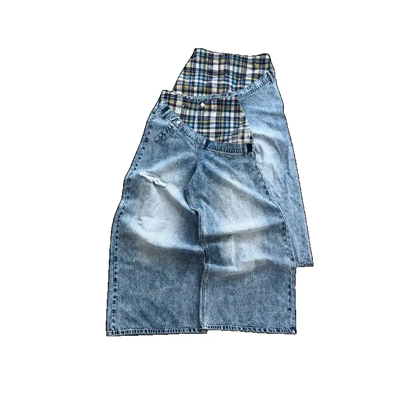 Y2k Harajuku Baggy Jeans Retro Plaid Patchwork Men And Women Wide Leg Pants American Hip Hop Streetwear Casual Jeans
