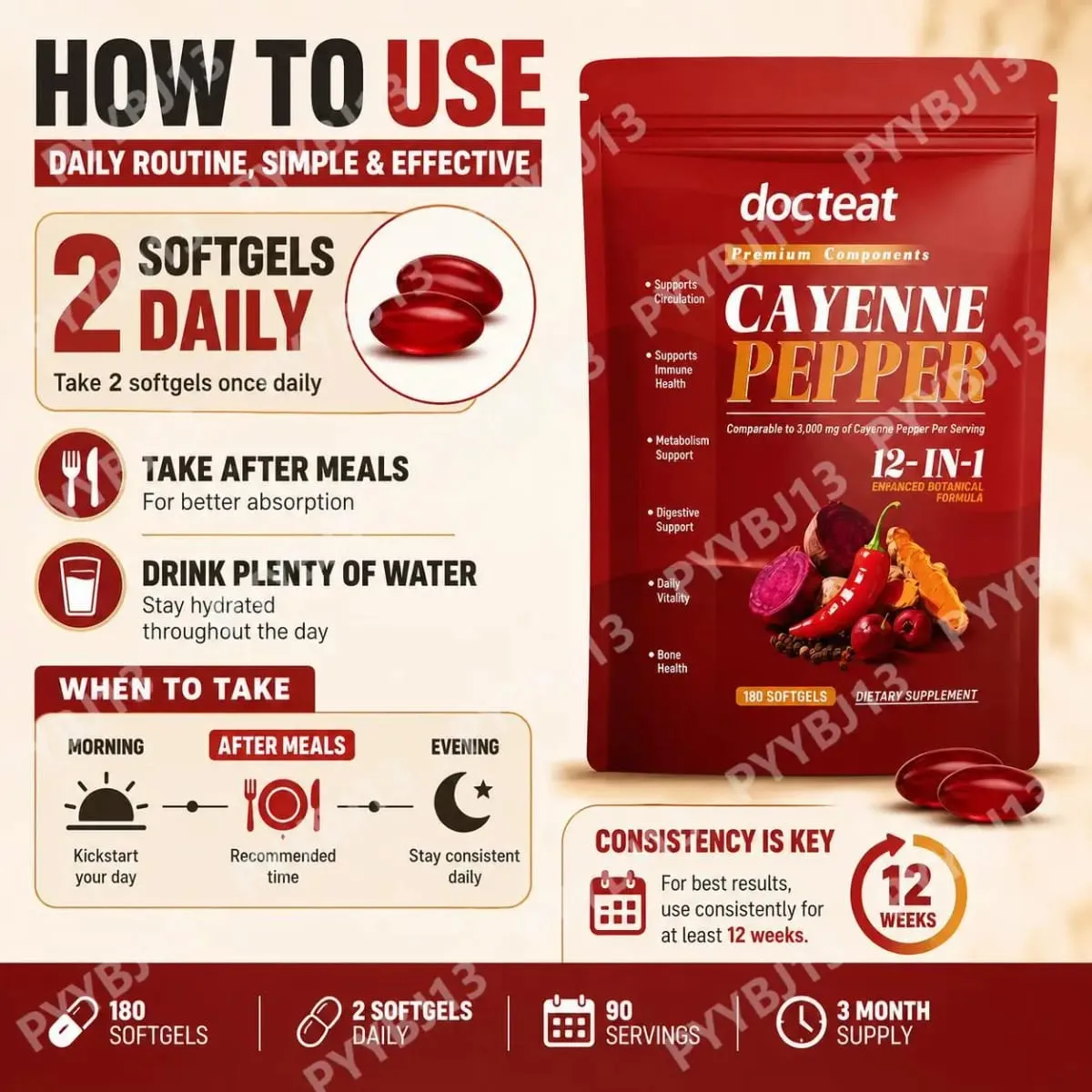 Docteat Cayenne Pepper Softgels with Vitamin D3 and K2 Energy Metabolism and Digestive Support Antioxidant Defense 180 Softgels