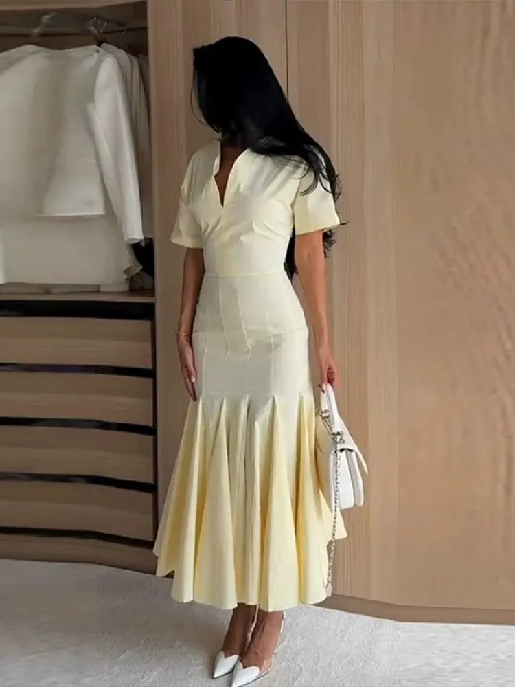 Elegant Solid Women's Dress V-Neck Short Sleeve Pleated Waist-Closed Hip Package Maxi Dresses 2026 Summer Female Vacation Robe