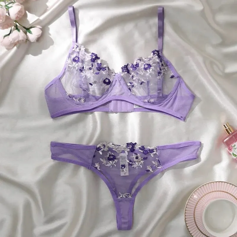 Purple Fancy Lingerie Set Women Embroidered Flower Bra and Panty Underwear Female Outfits