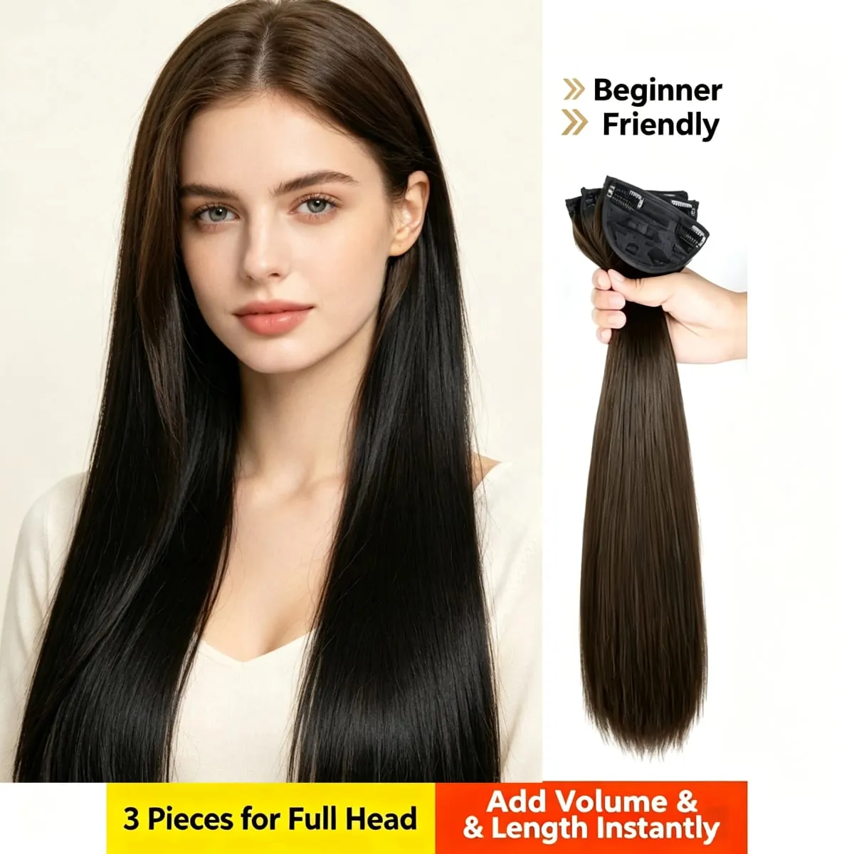 3 Pcs Invisible Seamless Clip in Hair Extensions Straight Synthetic Fiber Breathable Mesh Elastic BB Clips Lightweight Silky Hai