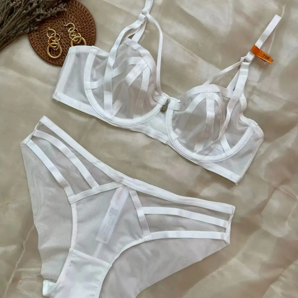 Women Strappy Mesh Lingerie Set Underwire Bra Panty Set Metal Pendant Sheer Intimate Underwear For Women Daily Nightwear