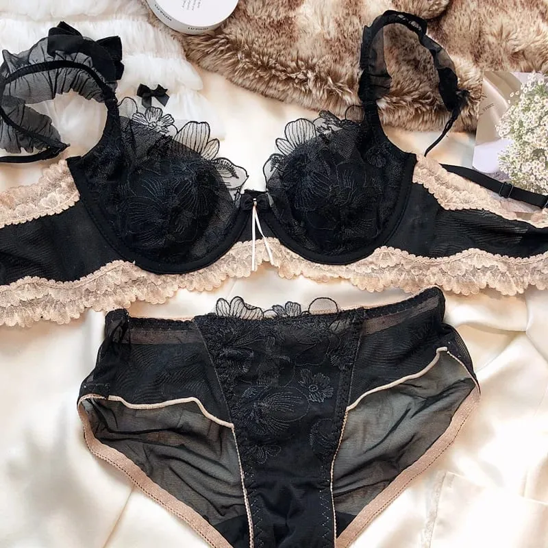 French Elegant Embroidered Lace Minimizer Bra Support Soft Underwire Rabbit Ear Cup Sexy Pure Lingerie Set Large Bust S-XL Tushy — image 1