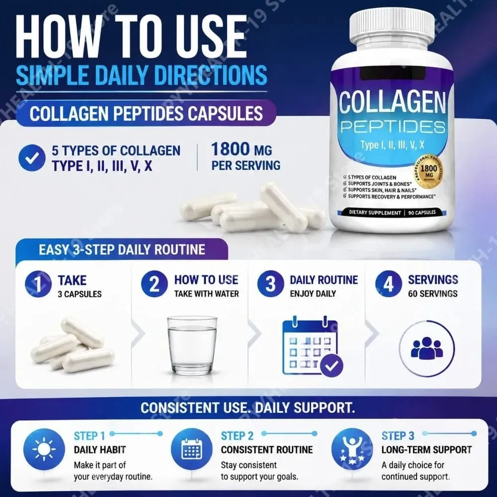 Collagen Peptides Capsules with 5 Types of Collagen for Joints Bones Skin Hair & Nails Wellness Support Adults 90 Capsules