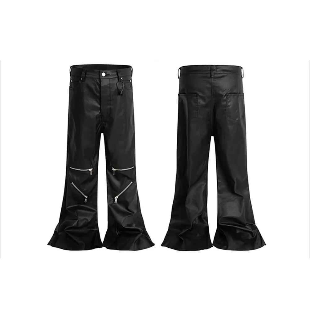 Knee Multi Zipper Coated Micro Flared Jeans for Men Streetwear Baggy Denim Trousers Straight Black Boot Cut