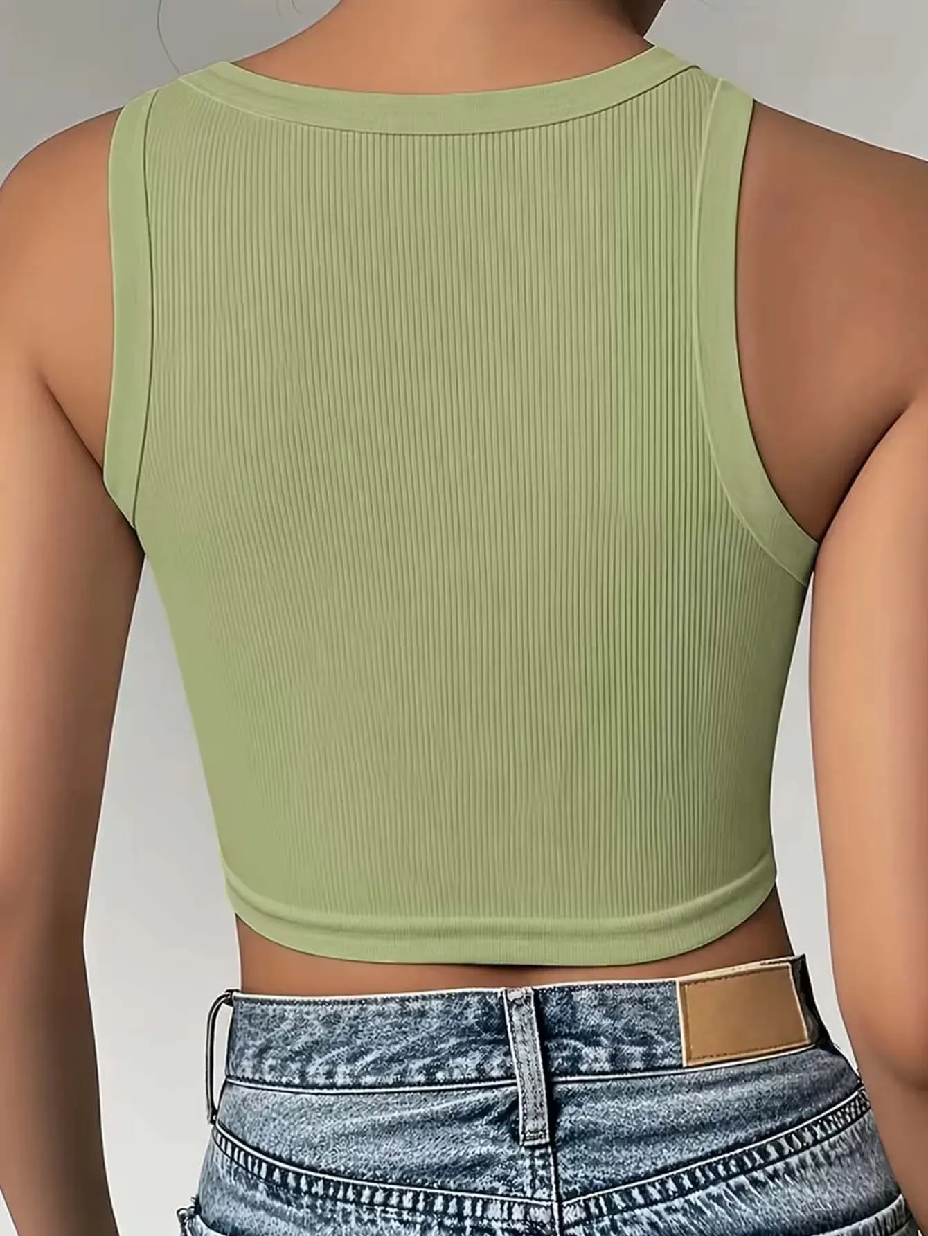 Lady's light green striped off-shoulder sleeveless fitted blouse suitable for casual outings shopping and sports activities.